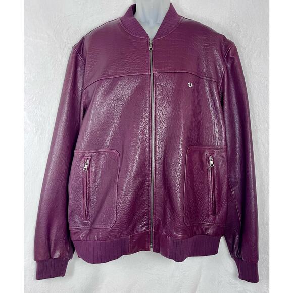 True Religion Other - RARE TRUE RELIGION Lamb Leather Bomber Jacket Burgundy Maroon Men's Size 3XL